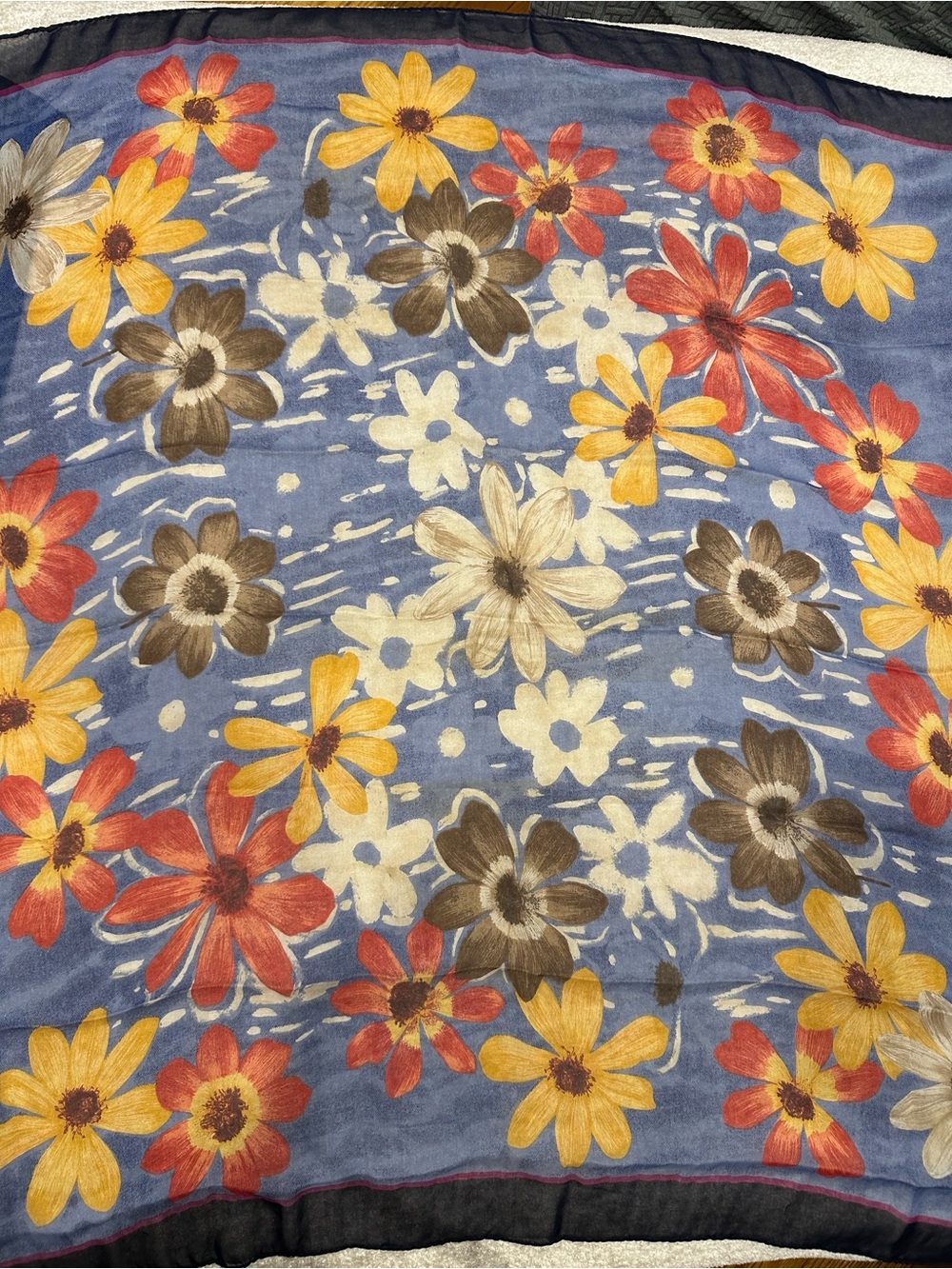 Floral Print Blue Scarf with Yellow & Red Blooms